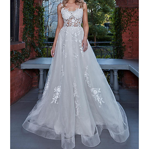 

A-Line V Neck Sweep / Brush Train Lace / Tulle Sleeveless Country Plus Size Wedding Dresses with Lace / Buttons / Embroidery 2020