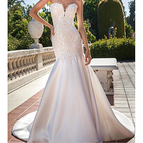 

Mermaid / Trumpet Strapless Sweep / Brush Train Chiffon Over Satin Sleeveless Country Plus Size Wedding Dresses with Beading / Appliques 2020