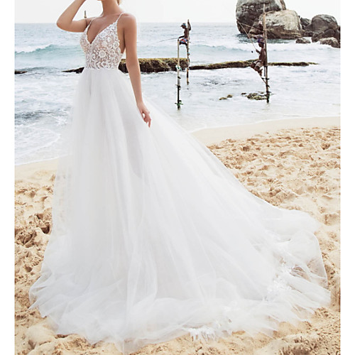 

A-Line Wedding Dresses V Neck Spaghetti Strap Sweep / Brush Train Tulle Polyester Sleeveless Country Plus Size with Lace Embroidery Appliques 2020