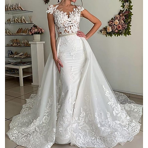 

Mermaid / Trumpet V Neck Sweep / Brush Train Polyester Cap Sleeve Country Plus Size Wedding Dresses with Lace Insert / Appliques 2020