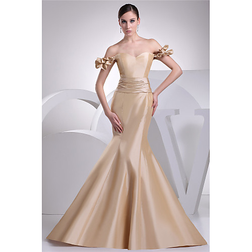 

Mermaid / Trumpet Elegant Gold Engagement Formal Evening Dress Sweetheart Neckline Short Sleeve Court Train Taffeta with Sash / Ribbon 2020