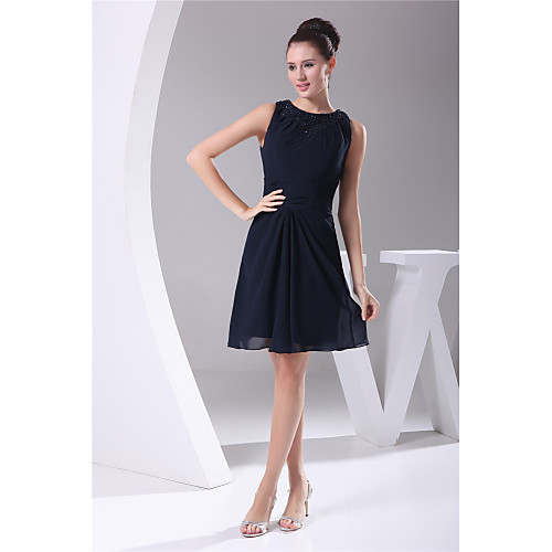 

A-Line Jewel Neck Knee Length Chiffon Sleeveless Plus Size Mother of the Bride Dress with Beading / Ruching Mother's Day 2020