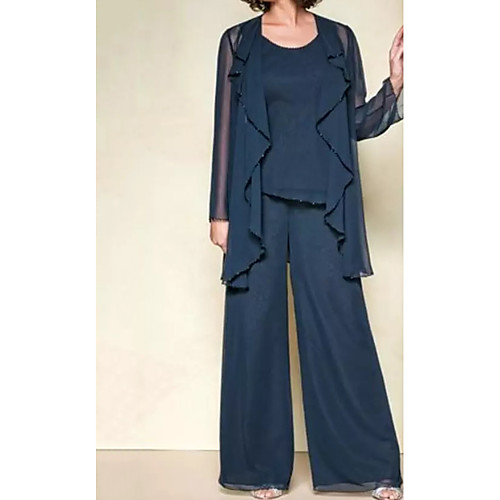 

Pantsuit / Jumpsuit Jewel Neck Floor Length Chiffon Long Sleeve Elegant Mother of the Bride Dress with Pleats Mother's Day 2020