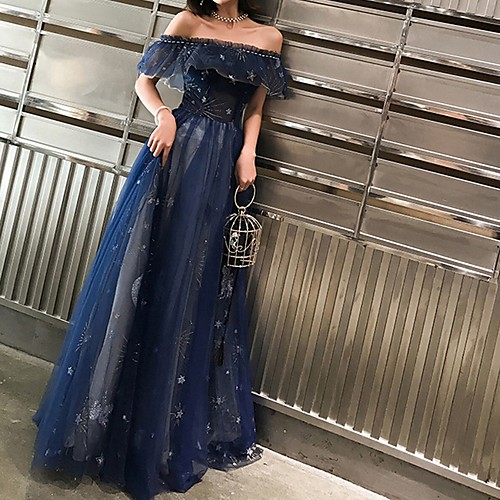 

A-Line Off Shoulder Floor Length Polyester Sparkle / Blue Prom / Formal Evening Dress with Tier / Embroidery 2020