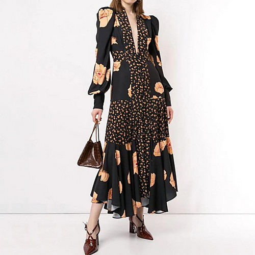 

Sheath / Column V Neck Ankle Length Spandex Bohemian / Floral Holiday / Prom Dress with Pleats / Pattern / Print 2020