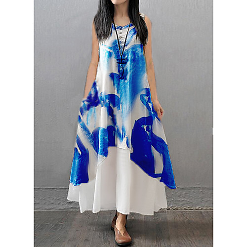 

Women's Maxi Blue Dress Leisure Spring Loose Print M L Loose