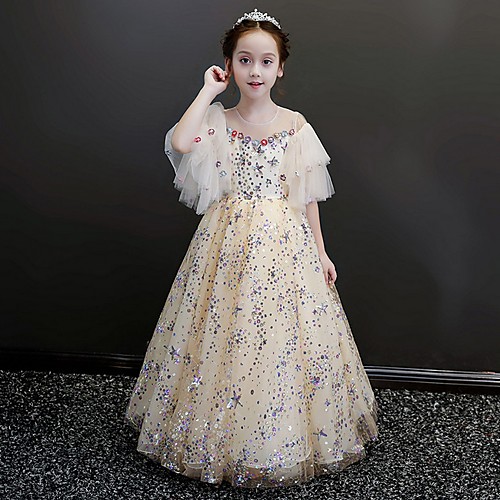 

A-Line Floor Length Party / Pageant Flower Girl Dresses - Polyester Short Sleeve Jewel Neck with Flora / Paillette