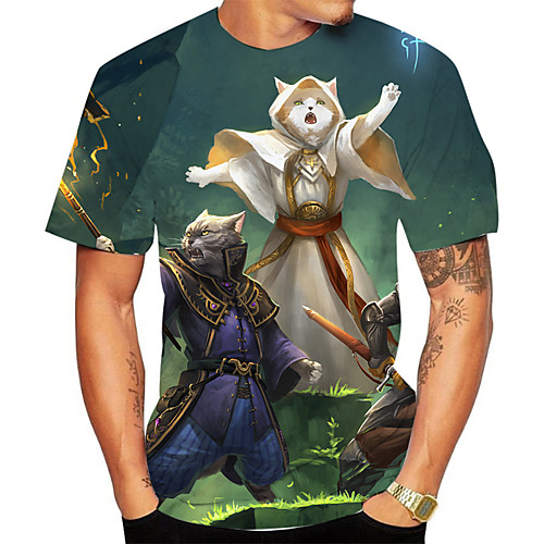 

Men's Daily Going out Basic T-shirt - 3D / Animal / Cartoon Cat, Print Army Green