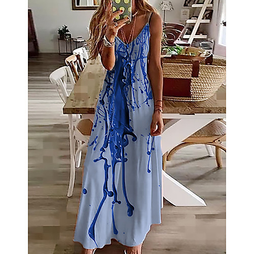 

Women's Maxi Blue Dress Spring Vacation Shift Print Strap M L