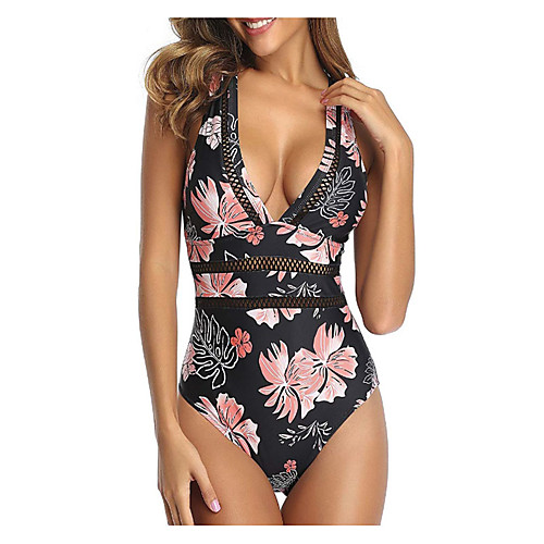 

Women's Basic Black Halter Cheeky One-piece Swimwear Swimsuit - Floral Backless Criss Cross S M L Black