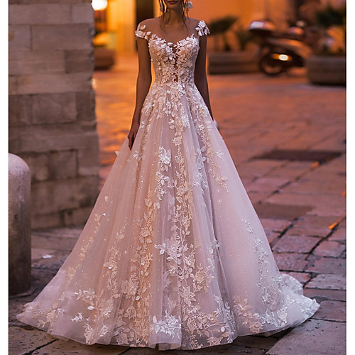 

A-Line V Neck Court Train Tulle Sleeveless Country Plus Size Wedding Dresses with Draping / Appliques 2020