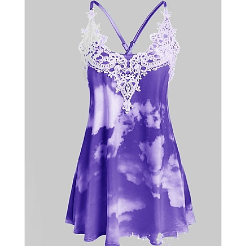 

Women's Daily Plus Size T-shirt - Geometric Lace / Backless / Print V Neck Purple