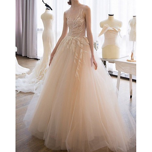 

Ball Gown Floral Luxurious Engagement Formal Evening Dress Illusion Neck Sleeveless Sweep / Brush Train Tulle with Pleats Lace Insert 2020