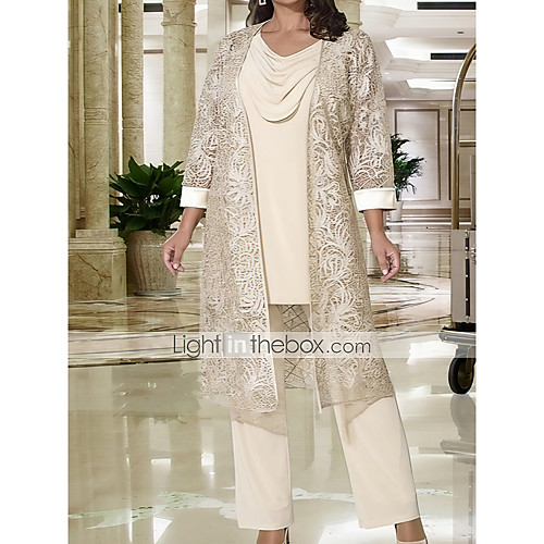 

Pantsuit / Jumpsuit Cowl Neck Floor Length Lace / Satin Long Sleeve Elegant Mother of the Bride Dress with Lace Mother's Day 2020
