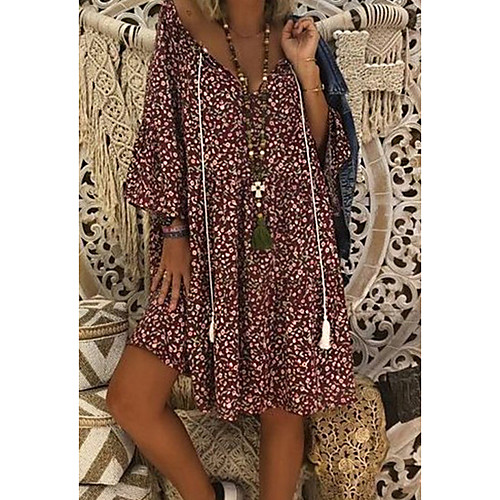 

Women's Red Green Dress Loose Floral S M