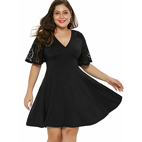 

Women's Wine Black Dress Basic Spring & Summer Daily Skater Solid Color Flare Cuff Sleeve Lace Patchwork XL XXL