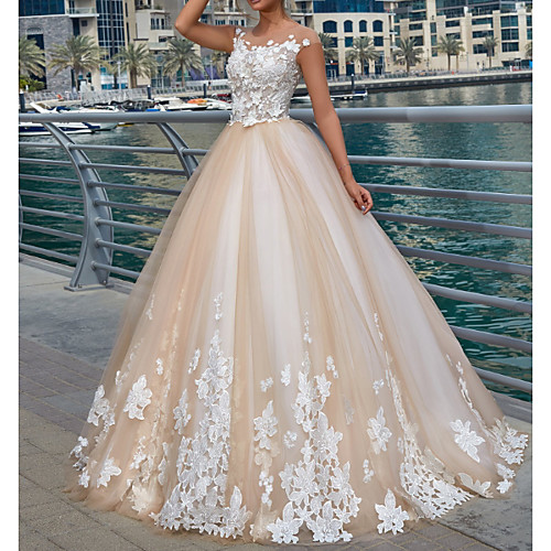 

Ball Gown Jewel Neck Sweep / Brush Train Polyester / Lace / Tulle Cap Sleeve Country Plus Size Wedding Dresses with Embroidery / Appliques 2020