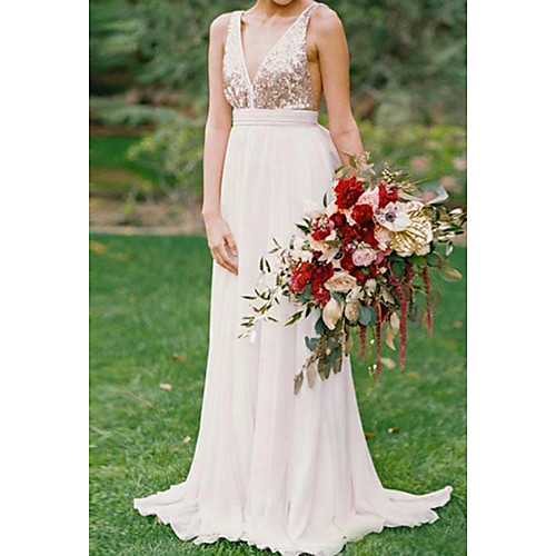 

A-Line V Neck Sweep / Brush Train Chiffon Minimalist / White Party Wear / Prom Dress with Pleats / Sequin 2020