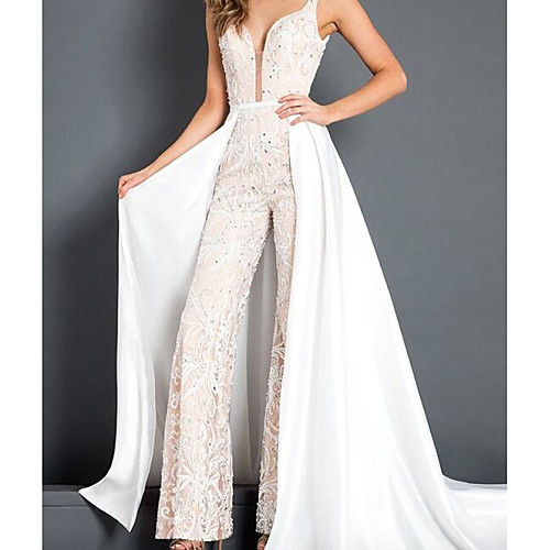 

Jumpsuits V Wire Floor Length Polyester Sleeveless Glamorous Plus Size Wedding Dresses with Beading 2020