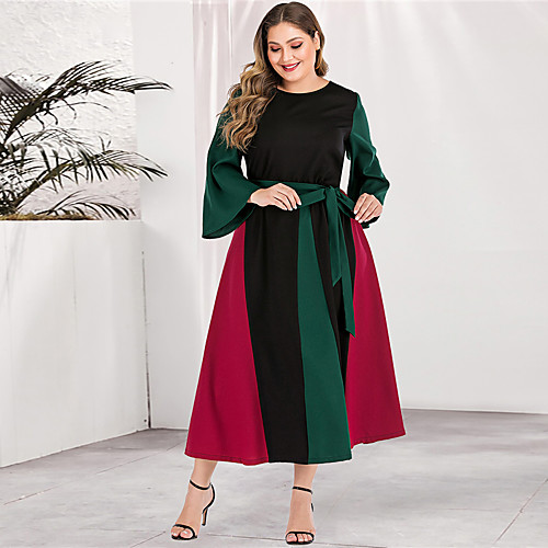 

Women's Plus Size Maxi Sheath Dress - Long Sleeve Color Block Solid Color Patchwork Basic Casual Street chic Party Going out Flare Cuff Sleeve Red L XL XXL XXXL XXXXL