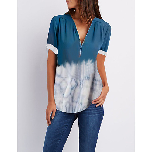 

Women's Daily Casual Blouse - Color Block / Tie Dye V Neck Blue / Summer