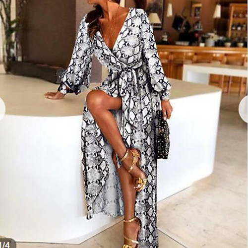 

Women's Maxi White Brown Dress Swing Geometric Deep V S M