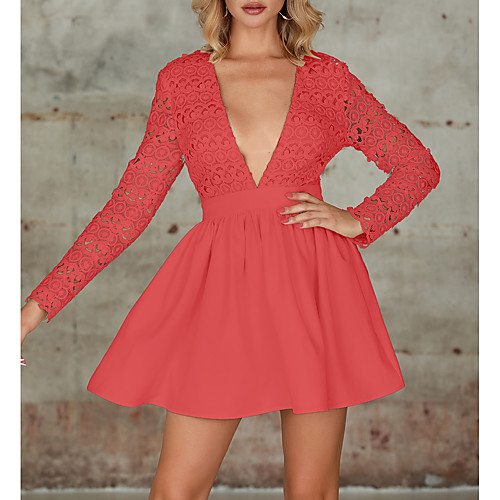 

Women's Blushing Pink Red Dress Formal Elegant Spring & Summer Party Daily Lace Skater Solid Color V Neck Lace S M