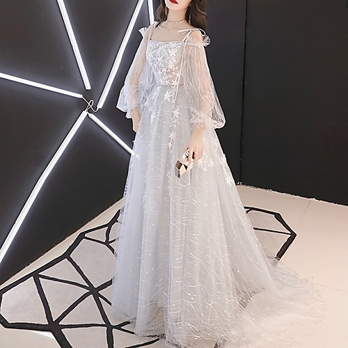 

A-Line Spaghetti Strap Floor Length Polyester Sparkle / Grey Party Wear / Prom Dress with Sequin / Appliques 2020