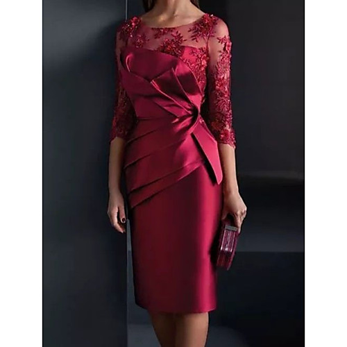 

Sheath / Column Illusion Neck Knee Length Lace / Satin 3/4 Length Sleeve Elegant Mother of the Bride Dress with Appliques / Ruching Mother's Day 2020