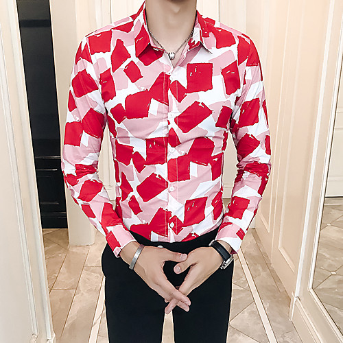 

Men's Daily Going out Basic / Elegant Shirt - Geometric / Color Block Red