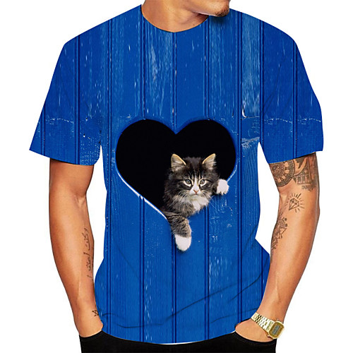 

Men's Daily Going out Basic T-shirt - Striped / 3D / Animal Cat, Print Royal Blue