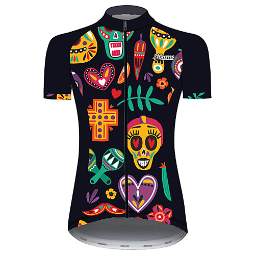

21Grams Women's Short Sleeve Cycling Jersey Black / Blue Skull Floral Botanical Bike Jersey Top Mountain Bike MTB Road Bike Cycling UV Resistant Breathable Quick Dry Sports Clothing Apparel