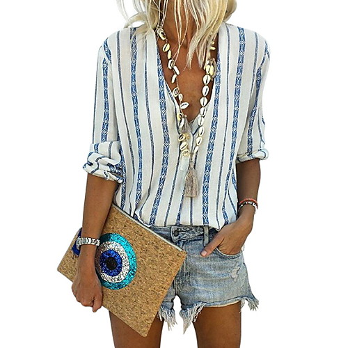 

Women's Daily Shirt - Striped Print V Neck Yellow