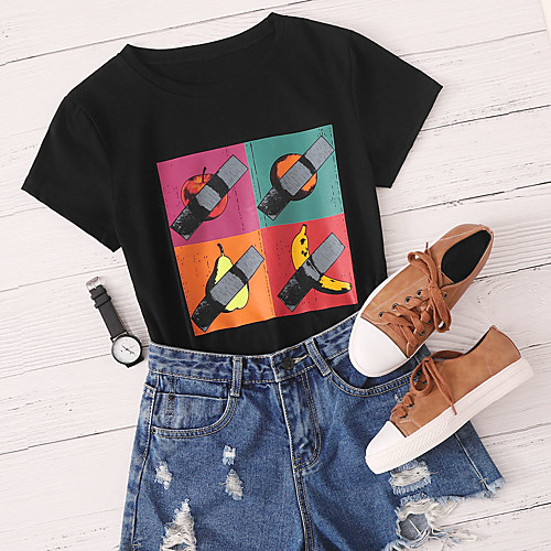 

Women's Cartoon Print T-shirt - Cotton Daily Black