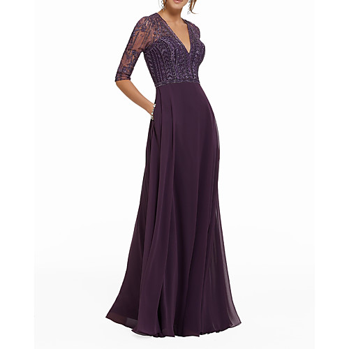 

A-Line V Neck Floor Length Chiffon Half Sleeve Sexy Mother of the Bride Dress with Pleats / Beading Mother's Day 2020