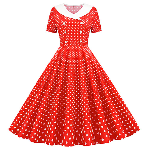 

Women's Blushing Pink Red Dress Vintage Style Daily Sheath Polka Dot Butterfly Sleeve White Print S M