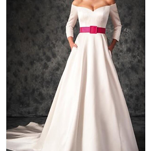 

A-Line Wedding Dresses Off Shoulder Sweep / Brush Train Satin 3/4 Length Sleeve Country Plus Size with Sashes / Ribbons 2020