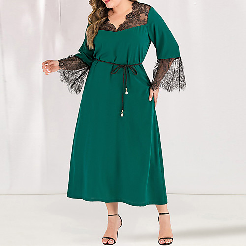 

Women's Green Dress Casual Elegant Spring & Summer Party Daily A Line Sheath Lace Solid Color Flare Cuff Sleeve Lace L XL