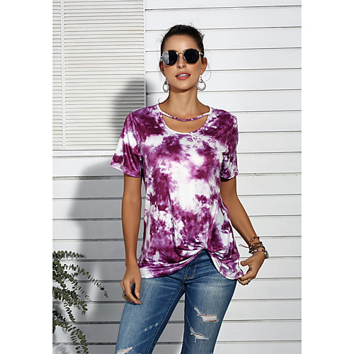 

Women's Daily T-shirt - Color Block Pleated / Print Shirt Collar Purple