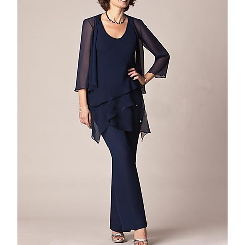 

Pantsuit / Jumpsuit Jewel Neck Floor Length Chiffon 3/4 Length Sleeve Elegant Mother of the Bride Dress with Tier Mother's Day 2020