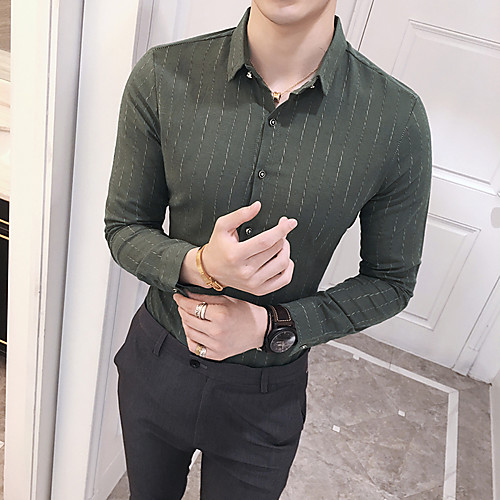 

Men's Daily Going out Basic / Elegant Shirt - Striped / Color Block Army Green