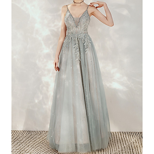 

A-Line Spaghetti Strap Floor Length Polyester Elegant / Grey Engagement / Formal Evening Dress with Sequin / Embroidery 2020