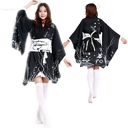 

Sweet Lolita Kimonos Japanese Traditional Kimono Female Japanese Cosplay Costumes Black Print Long Sleeve Above Knee / Dress