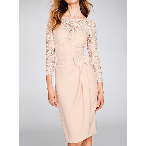 

Sheath / Column Jewel Neck Knee Length Chiffon / Lace 3/4 Length Sleeve Elegant Mother of the Bride Dress with Lace / Bow(s) Mother's Day 2020