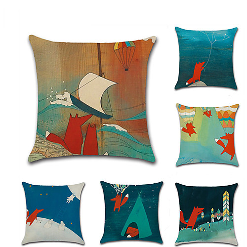 

6 pcs Linen Pillow Cover, Anime Animal Classic Cartoon Square Traditional Classic