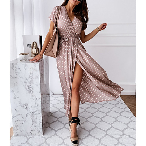 

Women's 2020 Maxi Blushing Pink Green Dress Casual Sexy A Line Sundress Polka Dot V Neck S M