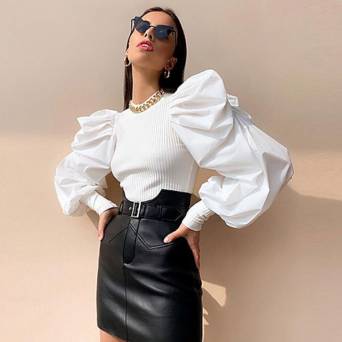 

Women's Daily Blouse - Solid Colored Layered / Pleated / Patchwork White