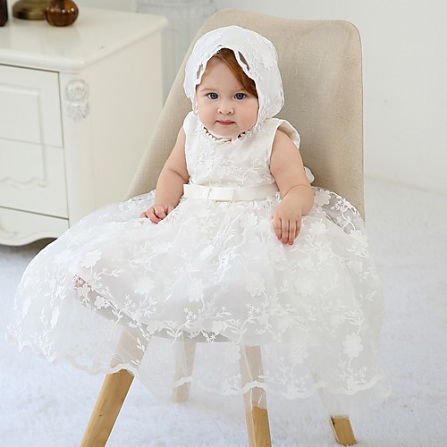 

A-Line Floor Length First Communion Christening Gowns - Polyester Sleeveless Jewel Neck with Lace / Bow(s)