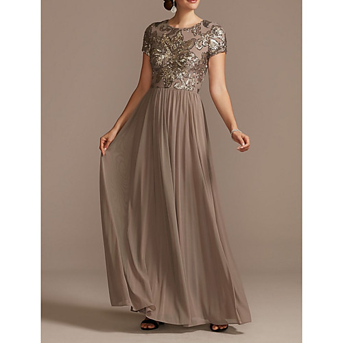 

A-Line Jewel Neck Floor Length Chiffon / Lace Short Sleeve Elegant Mother of the Bride Dress with Pleats / Beading / Sequin Mother's Day 2020