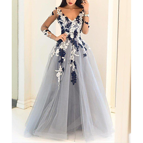 

Appliques A-Line Floral Engagement Illusion Sleeve V Neck Floor Length Organza Prom Dress